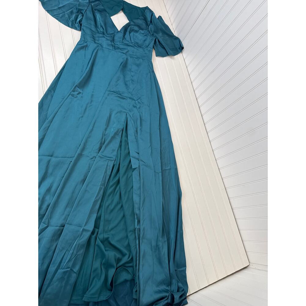 NWT Lulus Elegant Confidence Teal Satin Flutter Sleeve Cutout Maxi Dress Size XL - Picture 4 of 6